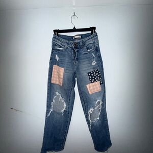SO Blue and Pink Boyfriend Jeans with Distressed Patchwork